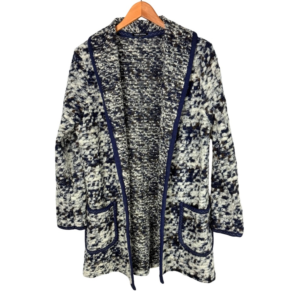 Robert Kitchen Boucle Wool Angora Blend cardigan jacket sweater Navy blue cream